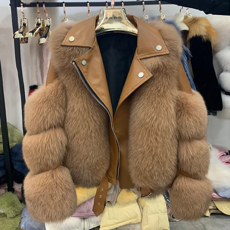 Winter 100% Natural Women's Jacket Real Fox Fur Coats Genuine Sheepskin Leather Coat Long Sleeve Wholeskin Female Parkas
