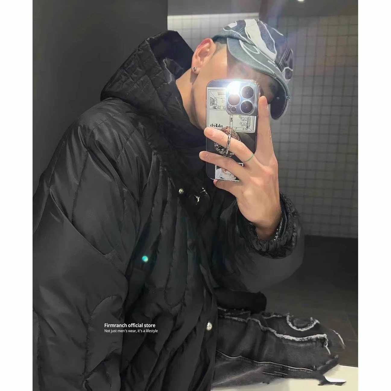 Men's Down Parkas Firmranch New Star Moon Metal Buckle Black Hooded Puffer Jackets For Men Women Strtwear Full Zip Up Down Coat Winter Parkas Y24