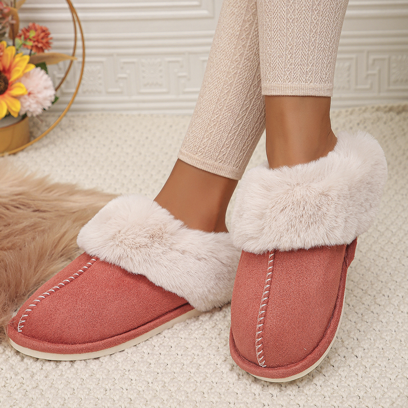 Lucyever Winter Home Fur Slippers Women 2023 New Couples Flat Heels House Cotton Shoes Woman Faux Suede Keep Warm Plush Slides