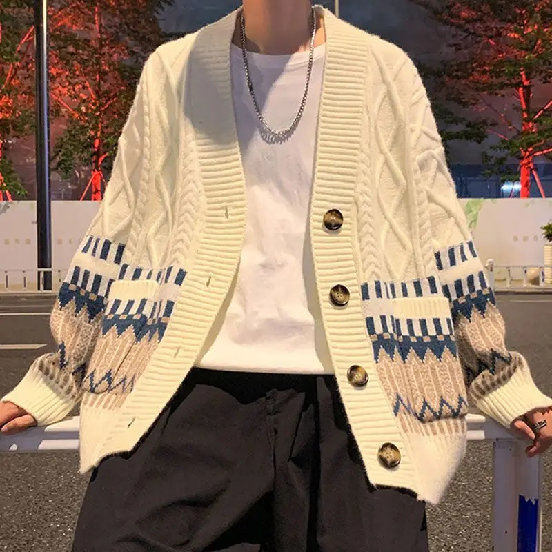 Mens fashion contrast color casual streetwear single chest sweater cardigan Y2K youth V-neck long sleeved oversized knitted top 241007