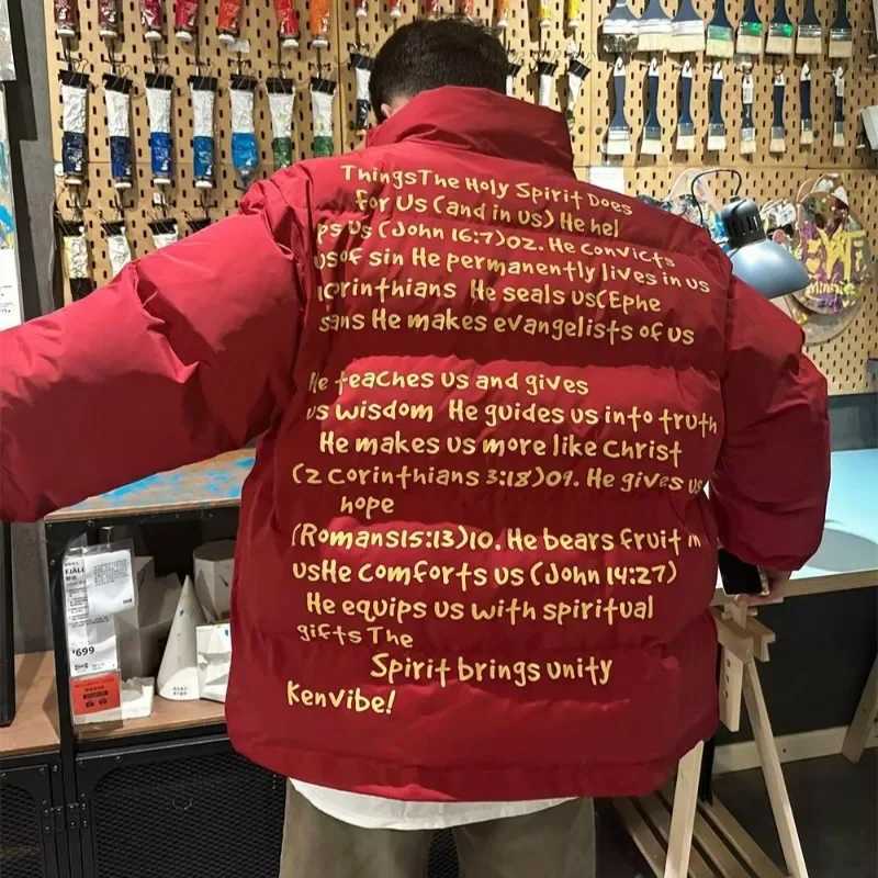 Men's Down Parkas American style retro letter printed Cropped thick standing collar cotton coat mens fashionable warm and cushioned jacket Y24100