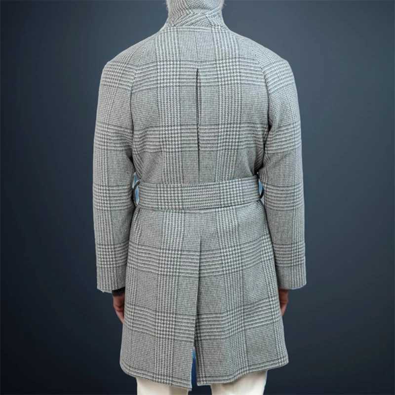 Vintage Plaid Woolen Trench Coat Men Fashionable Lapel Button-up Lace-up Belt Windbreaker Mens Mid Jacket Fall Winter Outerwear LX241010