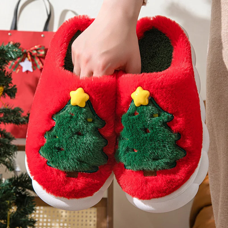 Christmas Tree Fluffy Slippers Women House Flats Cartoon Winter Shoes Home Fashion Tree Footwear Big Size 241010
