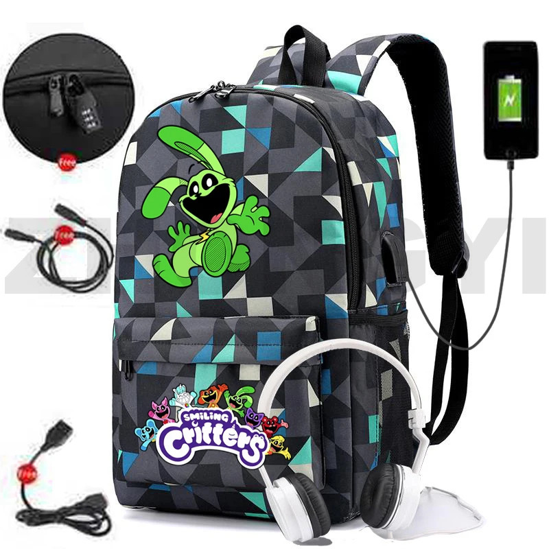 Anti-theft Smiling Critters Waterproof Backpack Men Travel Sport Bags Kids Cartoon Cute Schoolbags USB Charging Nylon Bookbag 241008