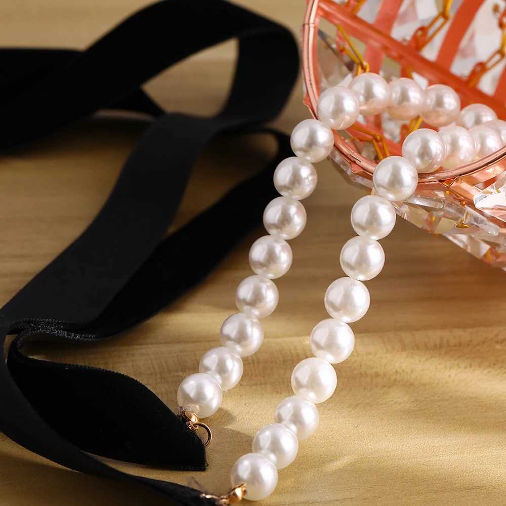 Punk Long Wide Black Velvet Ribbon Choker Bow Tie Simulated Pearl Beads Charm Collar Necklace Gothic Jewelry New Year GiftsX241009