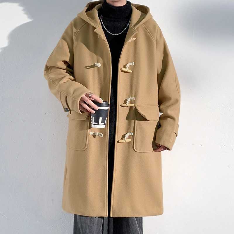 New Cow Horn Button Lamb Fleece Hooded Mens Coat Loose Streetwear Unisex Couple Long Advanced British Style Casual Overcoat LX241010