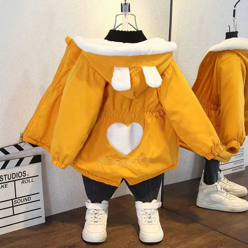 Down Coat Autumn and winter childrens coat hooded zipper warm cotton jacket plush thick girls clothing pink yellow cute long coat top H241010