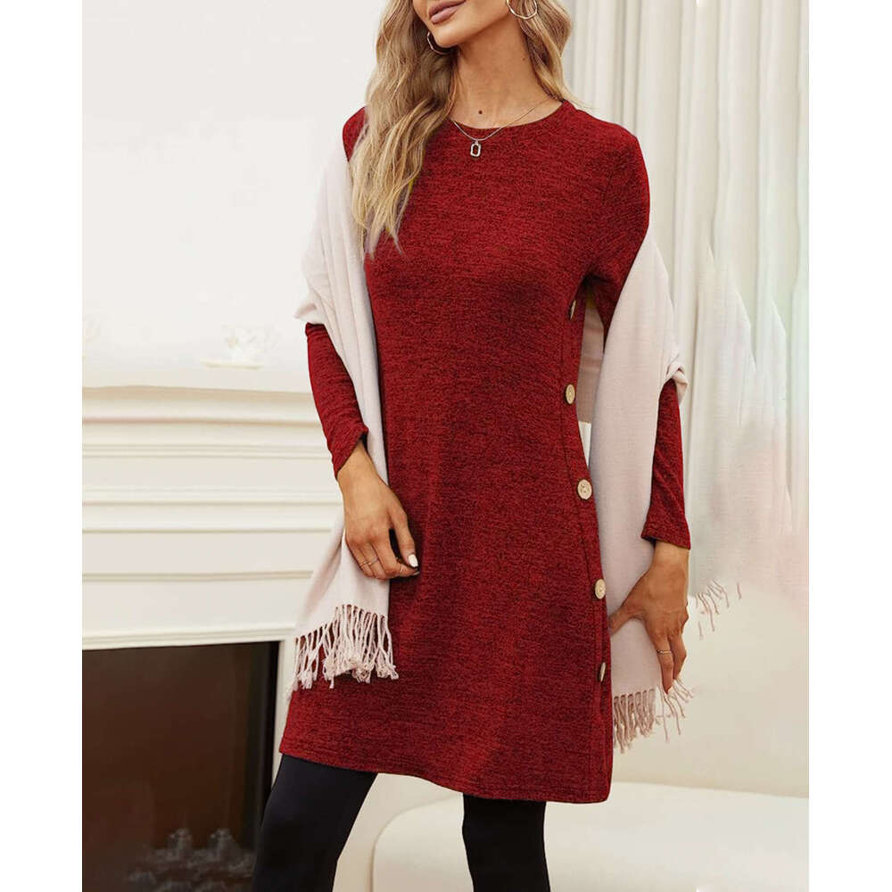 2024 long sleeved low round neck button up side dress with pockets womens clothing