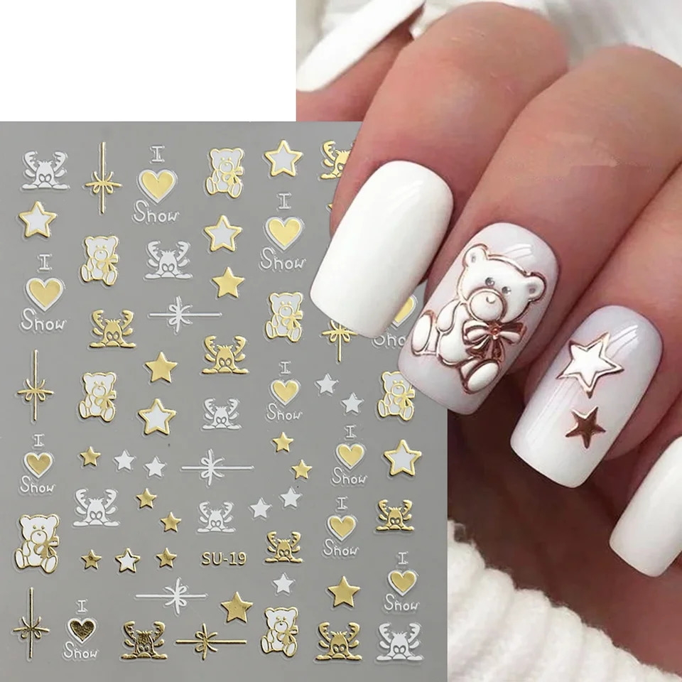 3D Golden Christmas Nail Stickers Metal Silver Deer Bear Snowflake Star Nail Stickers Year Decoration 2024 Slide LEBSU-19 241008