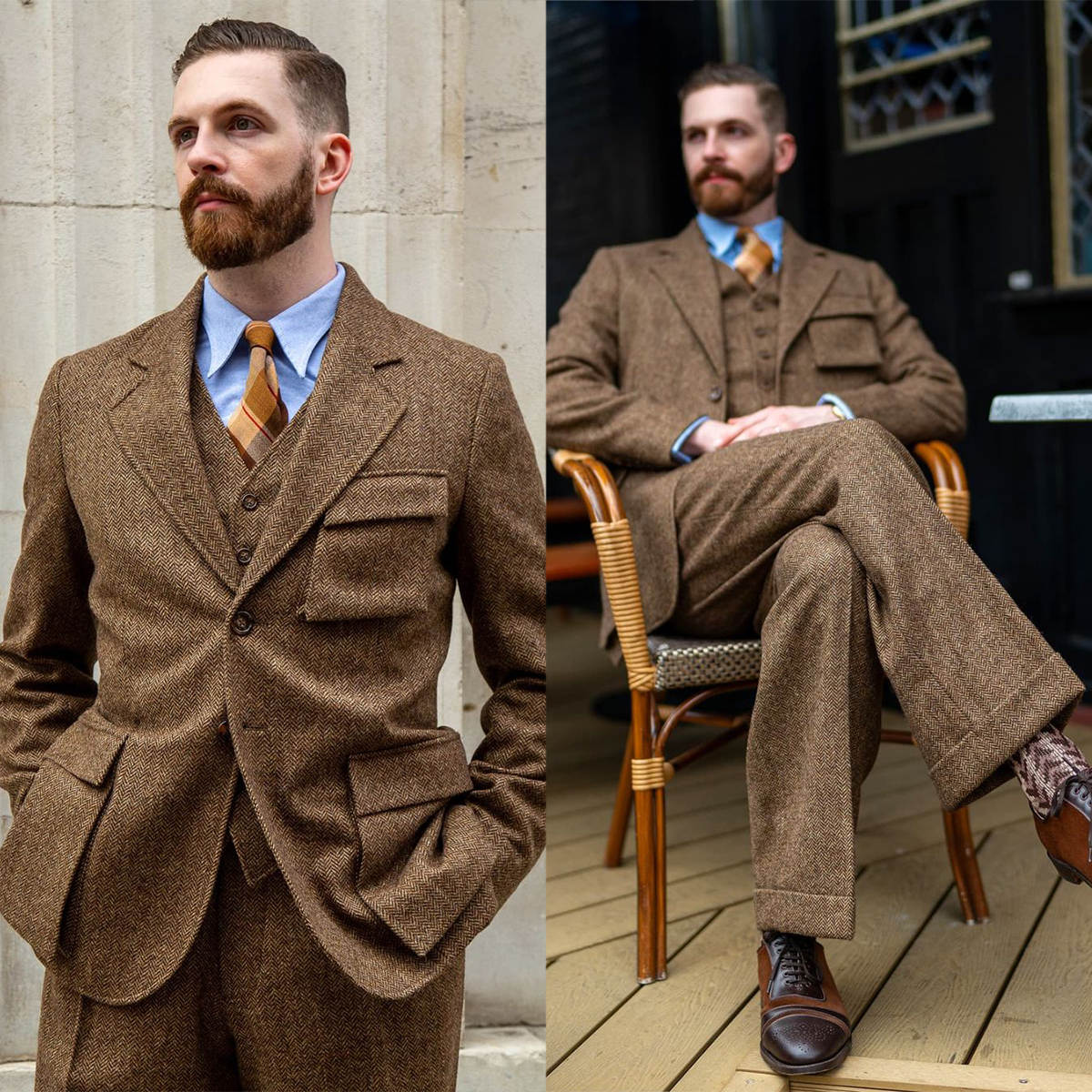 Wedding Suits Notched Lapel Jacket 3 Piece Set Men's Tuxedo Winter Vintage Herringbone Tailored Dinner Prom Groom Blazer Custom Made(Coat+Pants+V