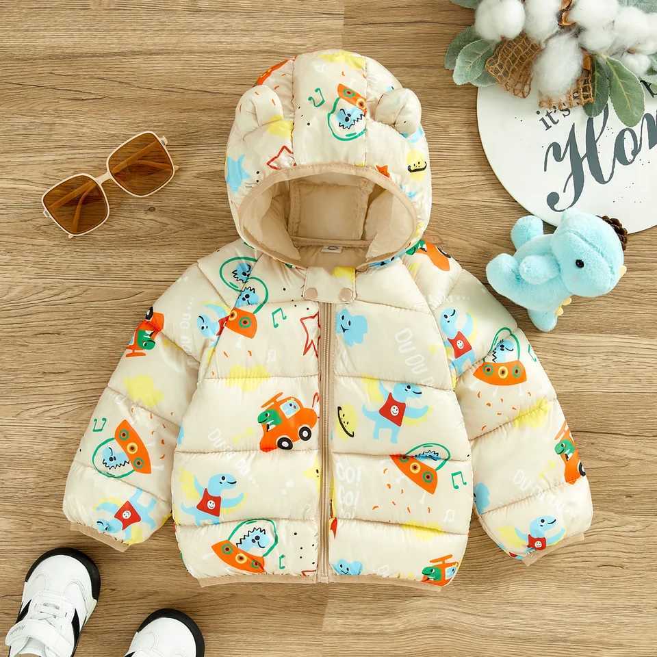 Down Coat Hibobi winter boys cotton coat with dinosaur pattern casual long sleeved hooded cotton coat suitable for children under six years old H24101