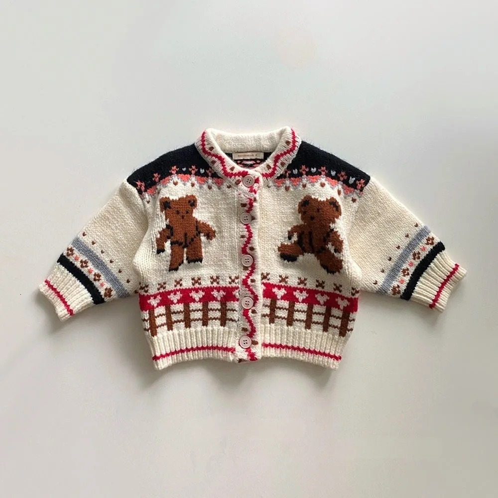 3797C Ins Korean Childrens Knitted Sweater Autumn Winter Cotton Soft Fashion Bear Knitted Boys cardigan Girls sweater jacket 241008