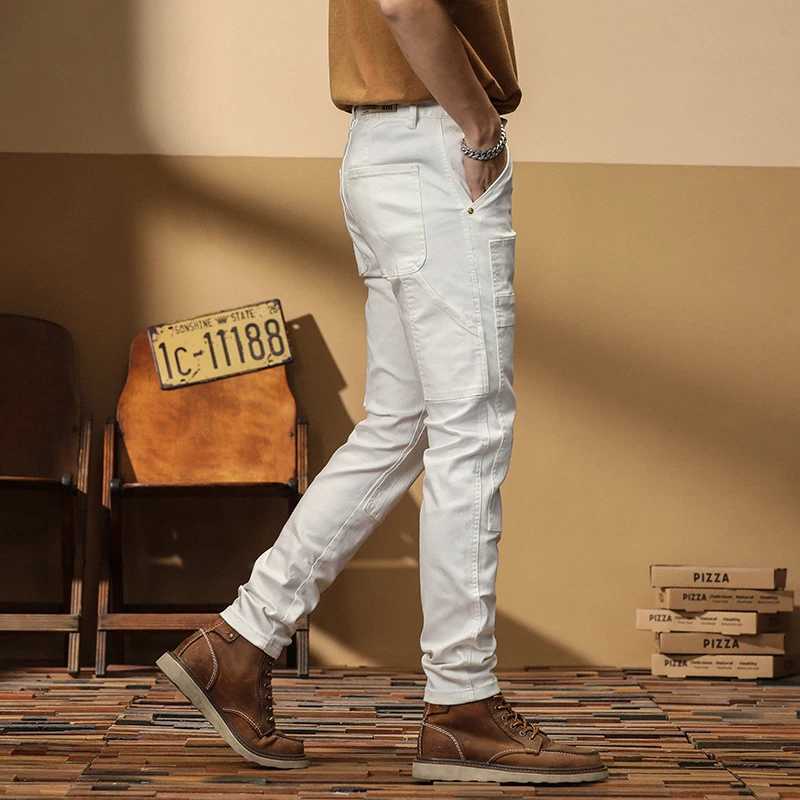 White Stitching Jeans for Men Fashion Slim Stretch Multi-pocket Personality Biker Denim Jeans Pants Trousers Male StreetwearX241009