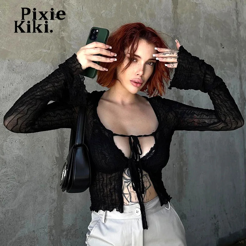 PixieKiki See Through Mesh White Black Tops Y2k Clothing Tie Front Cropped Cardigan Long Sleeve Shirts Women Spring 2024 P85BH12 241010