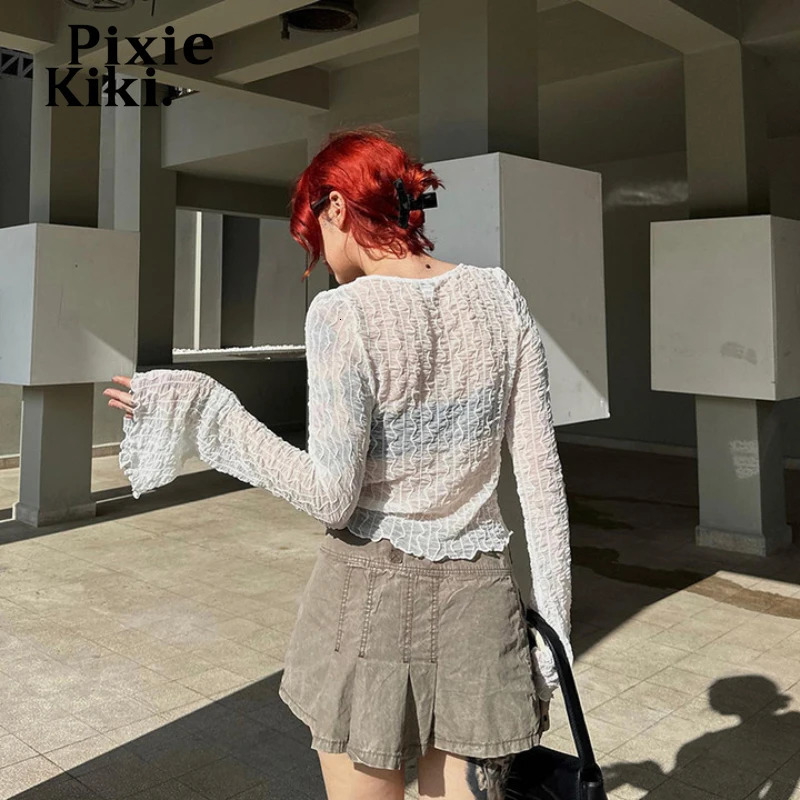 PixieKiki See Through Mesh White Black Tops Y2k Clothing Tie Front Cropped Cardigan Long Sleeve Shirts Women Spring 2024 P85BH12 241010