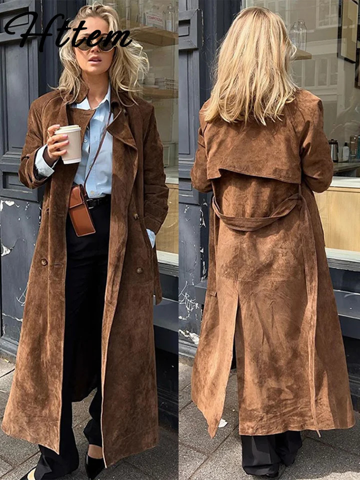 Elegant suede long trench coat with belt womens long sleeves double-layer fan autumn womens high street coat 240927