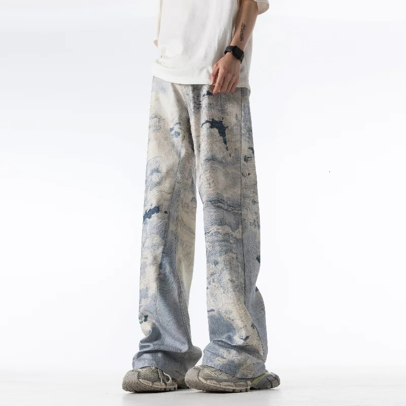 High end personalized 3D printed thick canvas denim pants Korean version hip-hop fashion motorcycle rider loose jeans 241007
