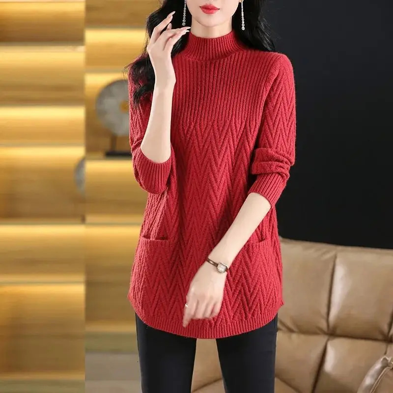 SummerAutumnWinter Womens Sweater Pulling Flower Solid Neck Pocket Threaded Fashion Long Sleeve Knitted Top 241007