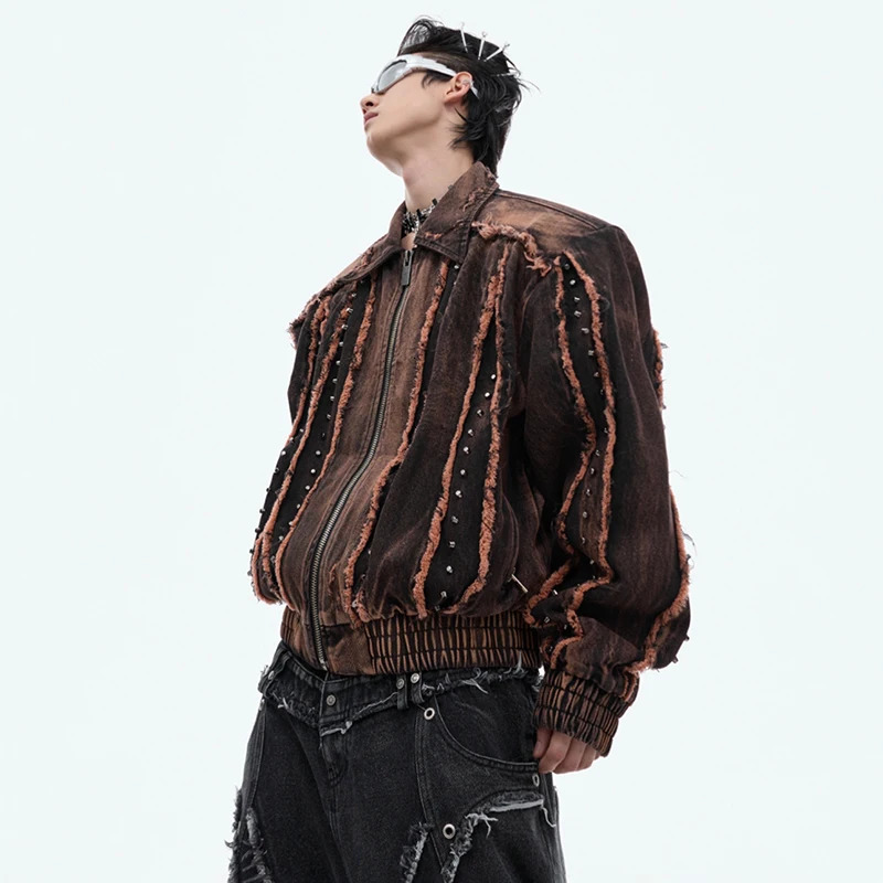 LUZHEN rivet metal decoration burr patch work n denim jacket personalized fashion street mens wear LZ4729 241007