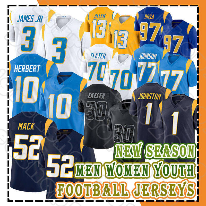10 Justin Herbert Football Jerseys Ladd McConkey Los Angeleses Chargerss Derwin James Jr. Cameron Dicker Khalil Mack Joey Bosa J.K. Dobbins Tuli Tuipulotu Stick Joe Alt