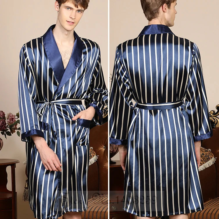 Plus size 3XL 4XL 5XL mens long robe pajamas navy blue striped kimono bathroom dress summer satin home clothing with pockets casual wear 241010