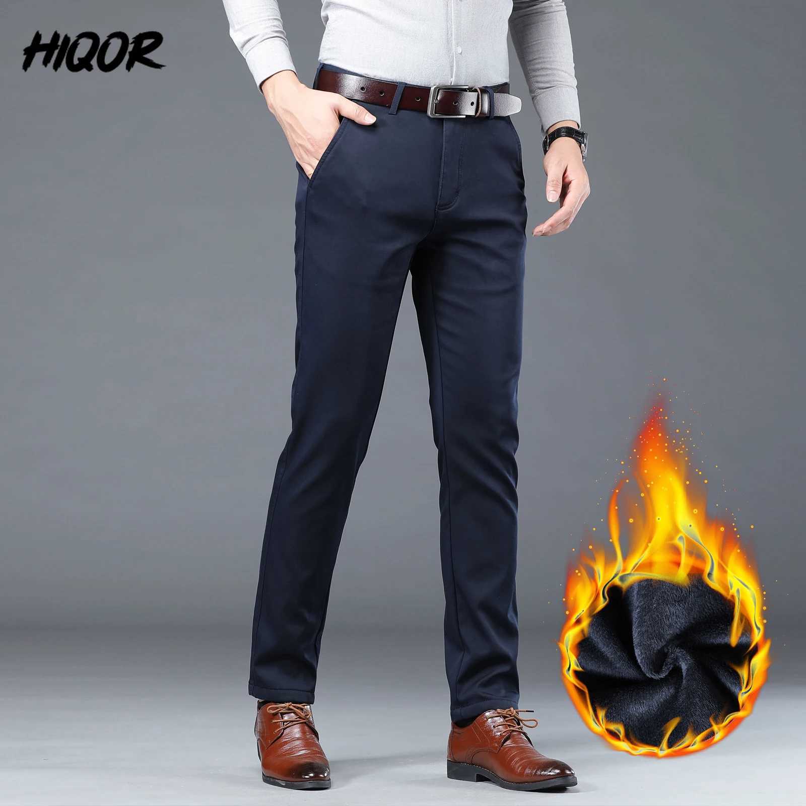 HIQOR Winter Wool Mens Casual Pants Elastic Solid Business Straight Pants Office Set Pants Autumn Pocket Pants Ropa Hombre W241009