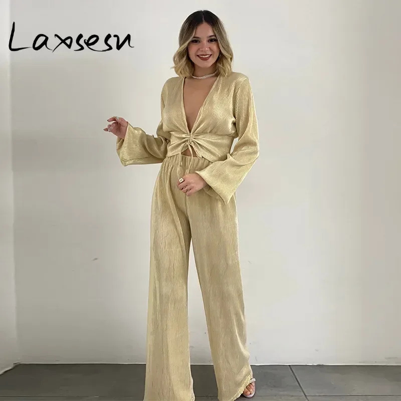 Laxsesu Two Piece Pant Sets Sexy Outfits Womens Knitted Long Puff Sleeve TopWide Leg Pants Set Street Clothing 241008