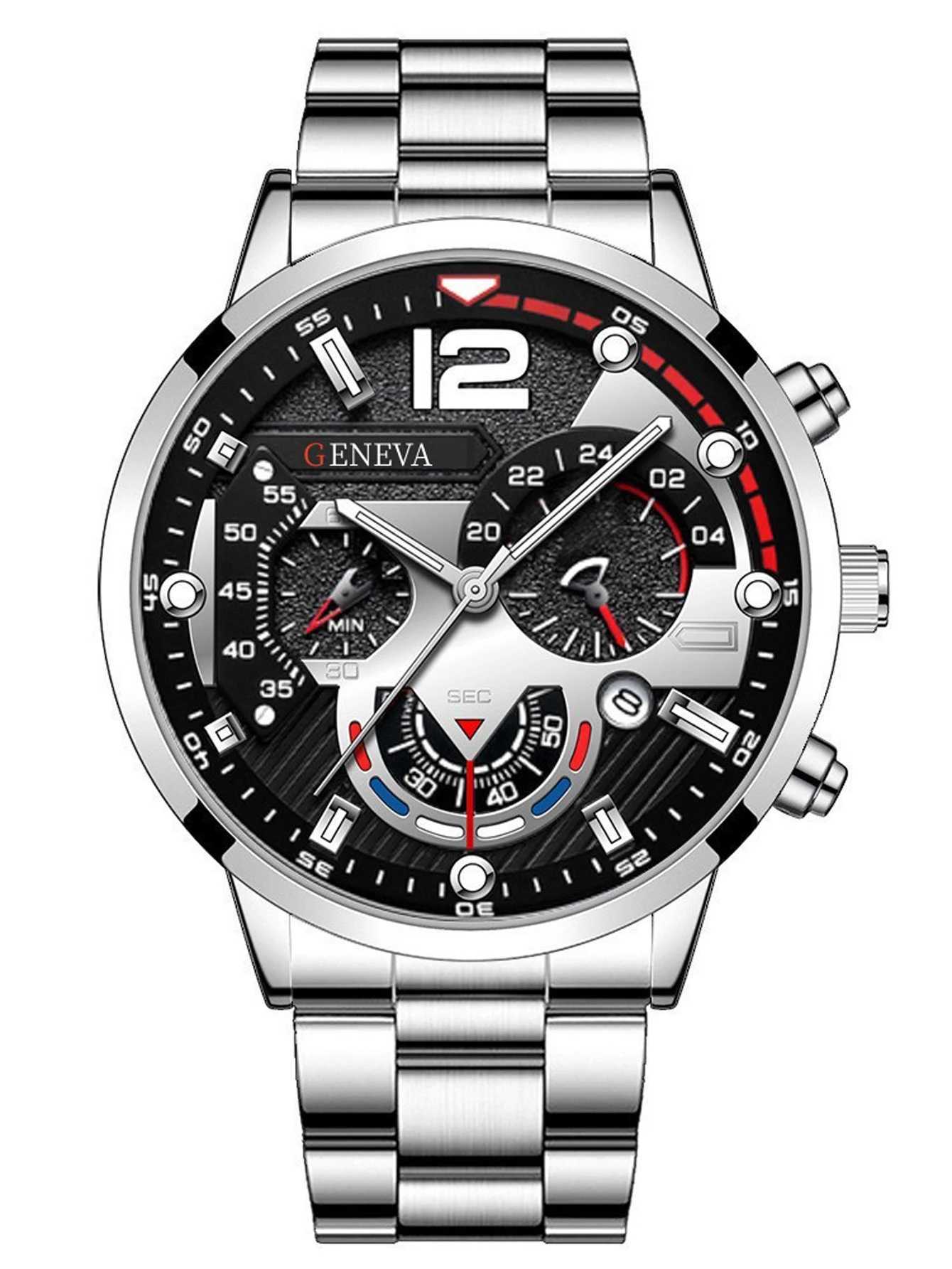 3pcs Business Style Silver White Mechanical design Mens alloy quartz watch with calendar and alloy necklace bracelet setX241010