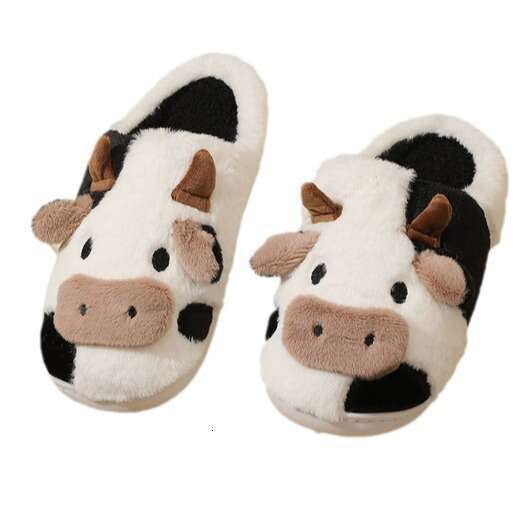 Women Shoes Indoor Winter Fur Slippers Cute Cartoon Cow Head Thick Warm Shoes Couple Plush Cotton Mop Winter Shoes