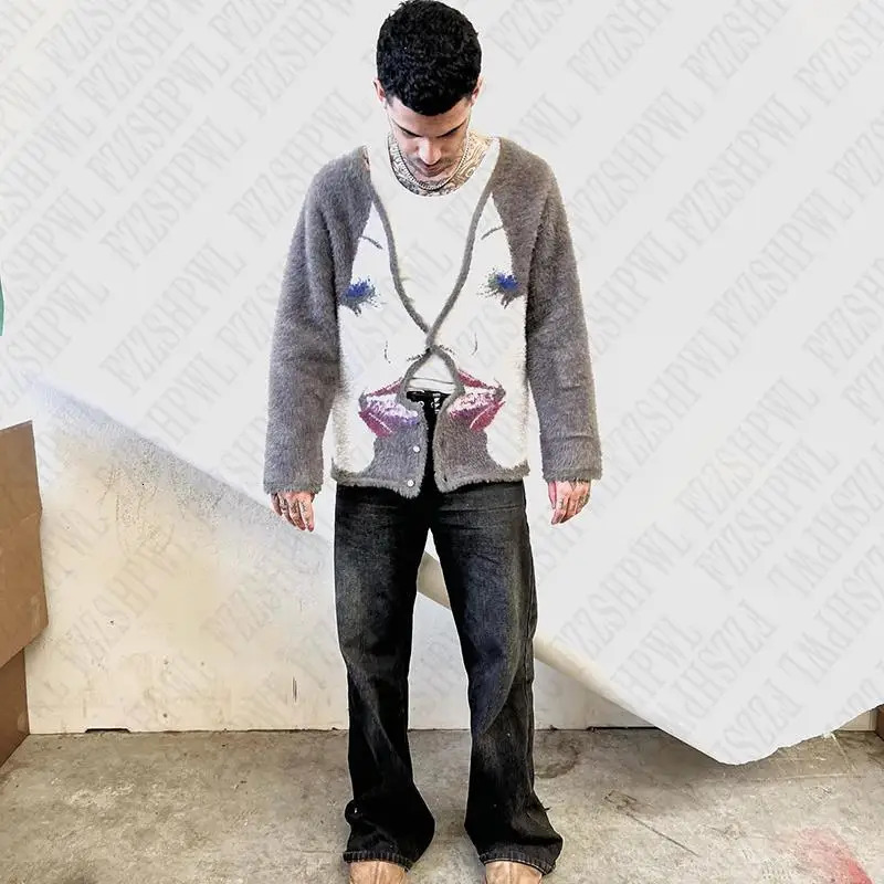 Y2k American retro graphic hip-hop gothic punk sweater Harajuku retro latte art retro fashion streetwear mens retro cardigan 241007
