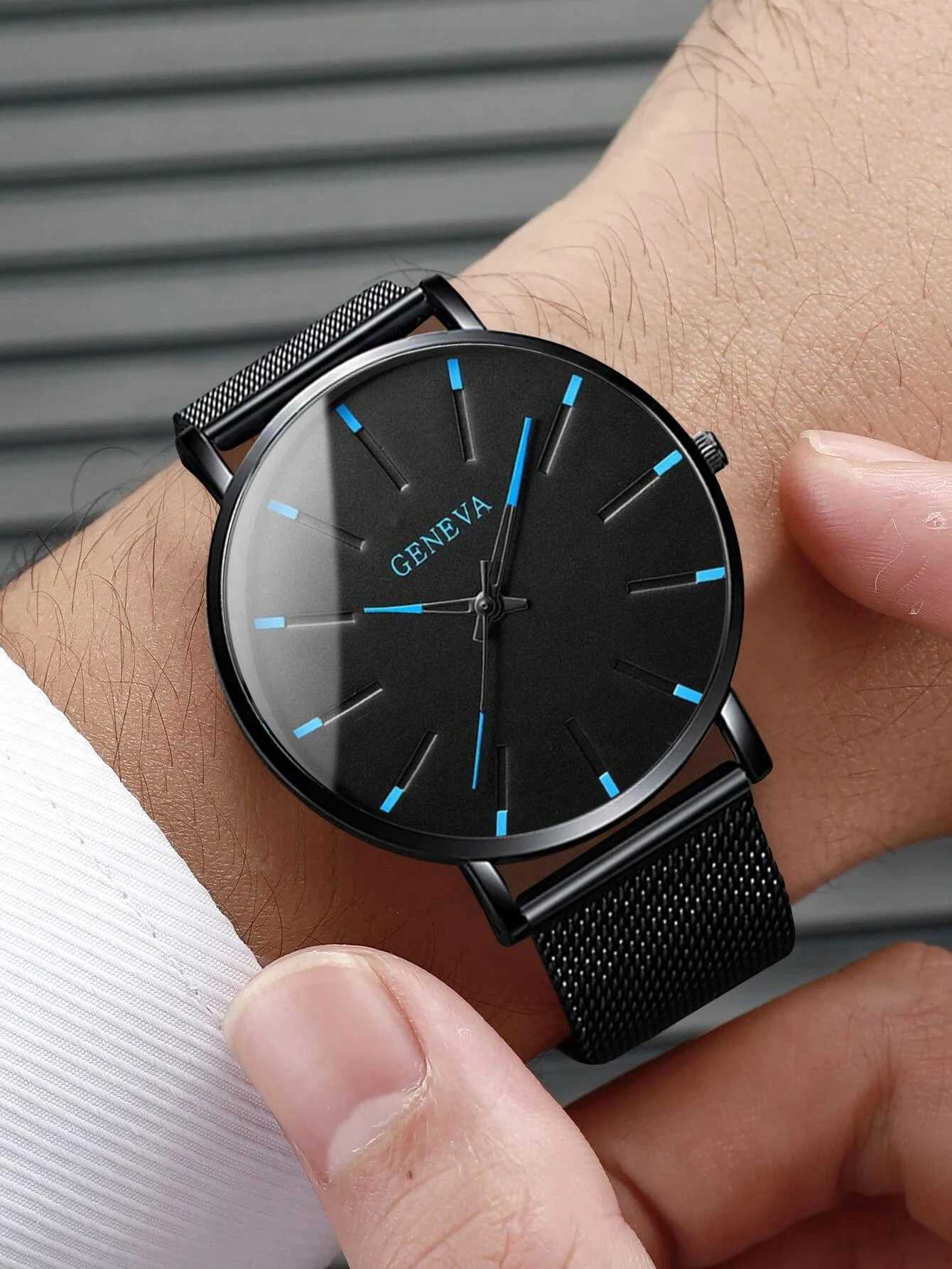 5PCS Set Mens Fashion Ultra Thin Watches Men Business Casual Quartz Wrist Watch Luxury Black Stainless Steel Mesh Belt WatchX241010