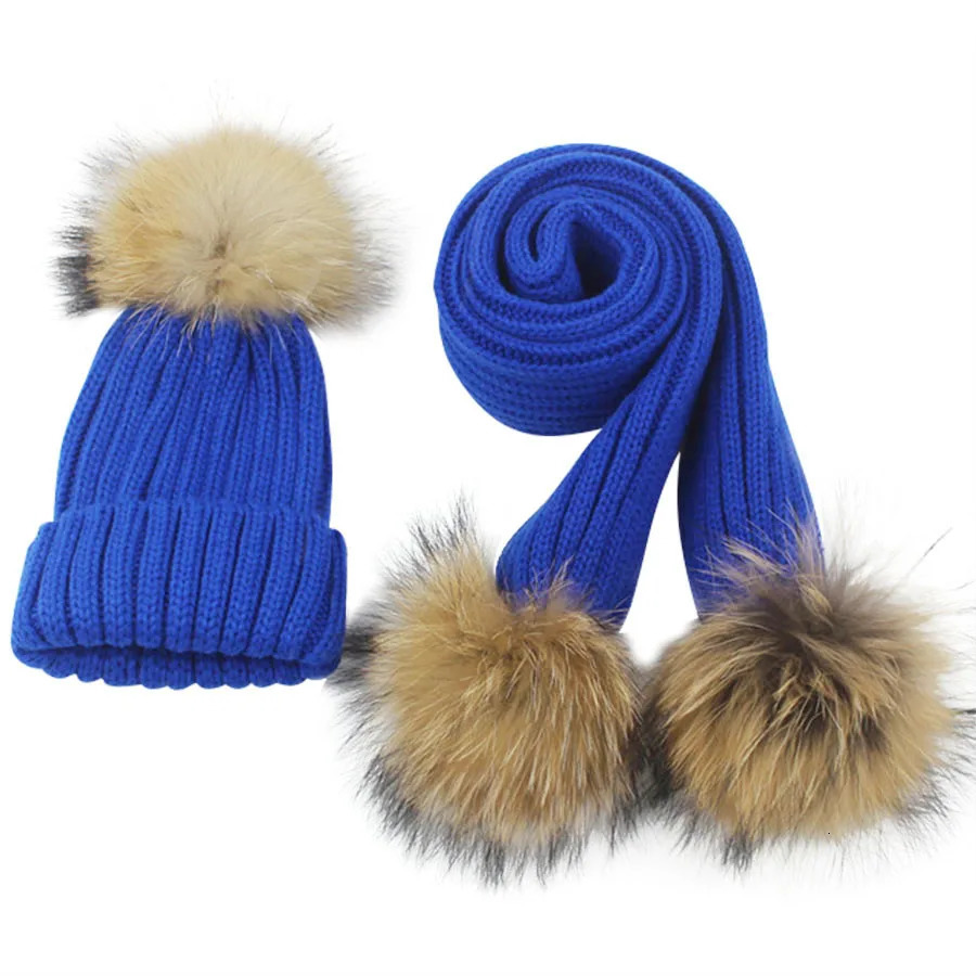 Arrive Winter Kids Hat Scarf Natural Real Raccoon Fur Pompom 3pcs Pom pom Beanies Children Warm Scarf Hats 1-8 Years Old 241008