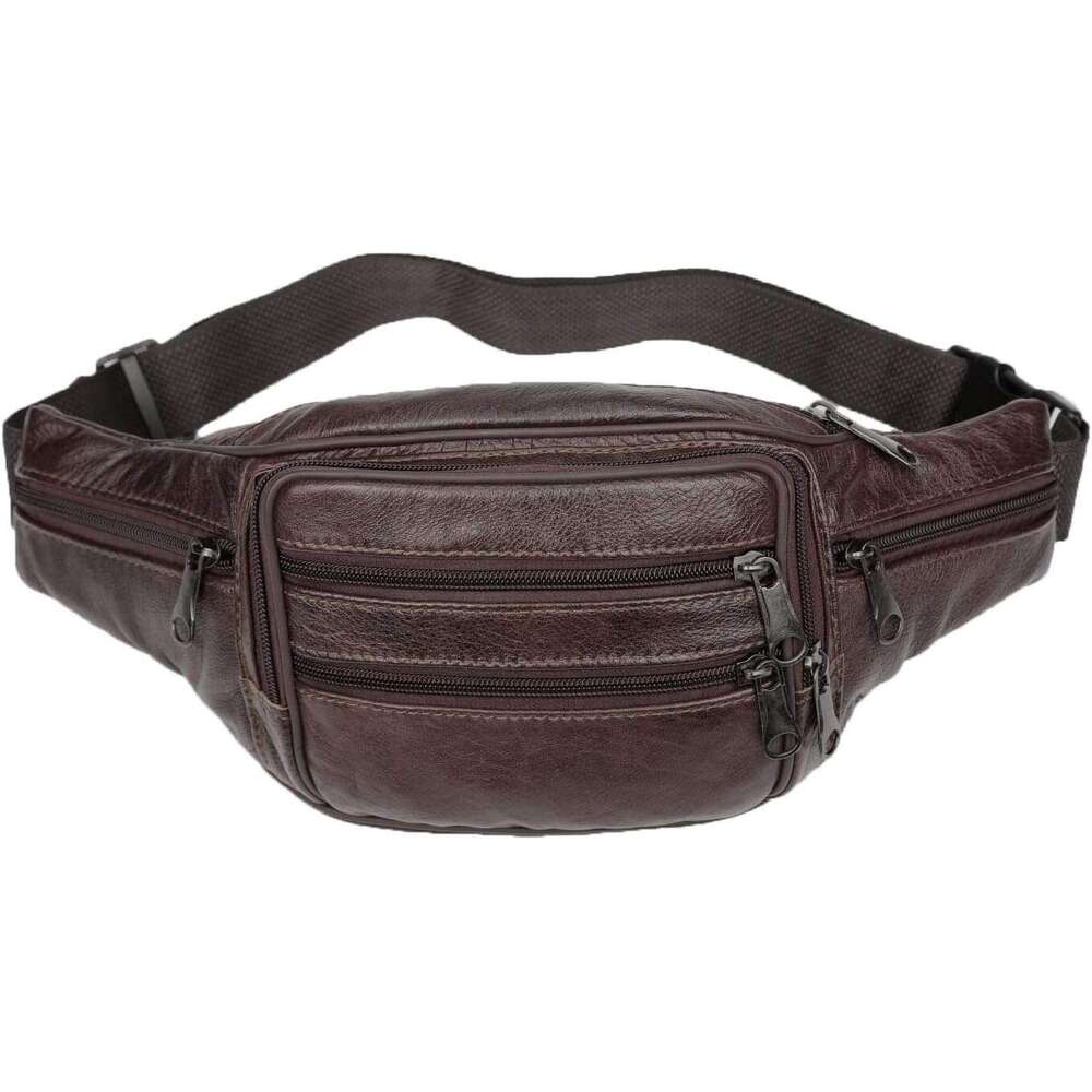 Cowhide Leather Large Size 7 Pockets Fanny Pack, Waist Pack (Dark Brown)