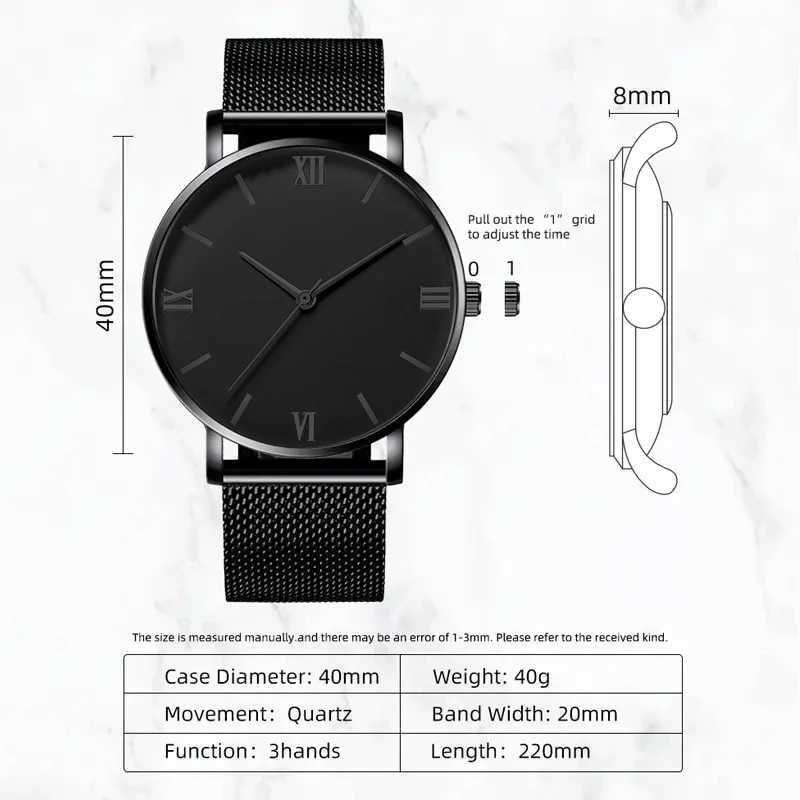 2Pcs Fashion Mens Watch Business Simple Stainless Steel Mesh Belt Quartz Watch with Dumbbell Bead String Bracelet SetX241010