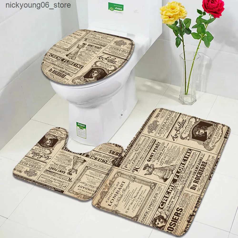 Non-Slip Bath Mats Vintage Old Newspaper Bath Mats Set Bathroom Rules French Paris Tower Skull Retro Door Rug Home Decor Anti-Slip Toilet Cover Mat L2