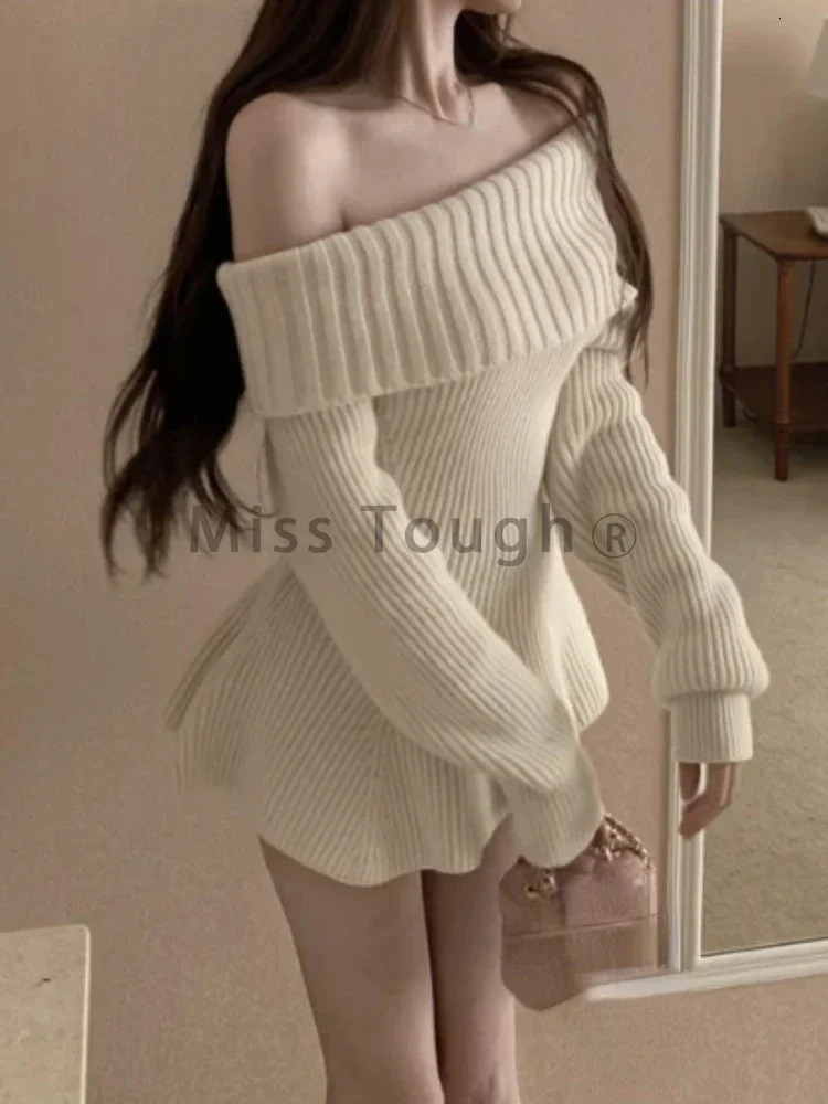Off Shoulder Sweet Y2k Sweater Women Slash Neck Ruffles Knitted Slim Elegant Tops Female Korean Fashion Casual Pullovers 2024 241010