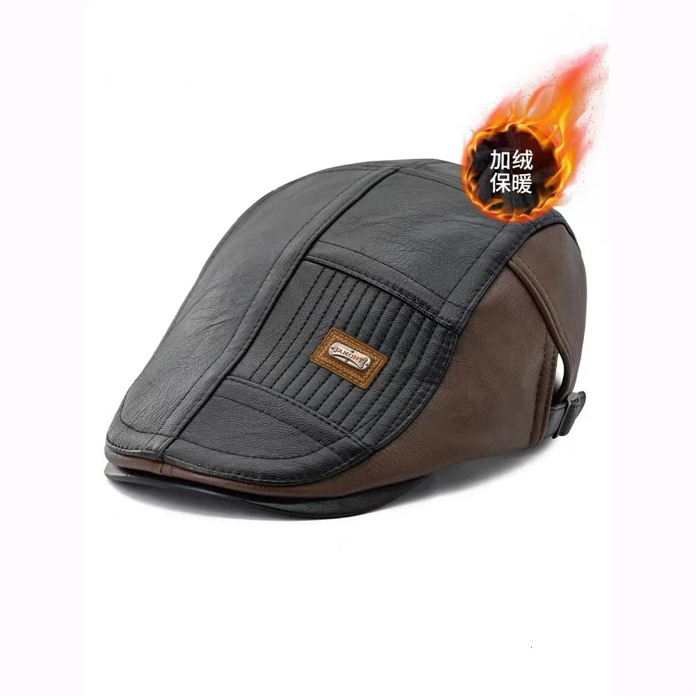 Fashion n mens beret autumn high-quality Pu leather casual hat mens classic Velvert front cover Gents spring 241007