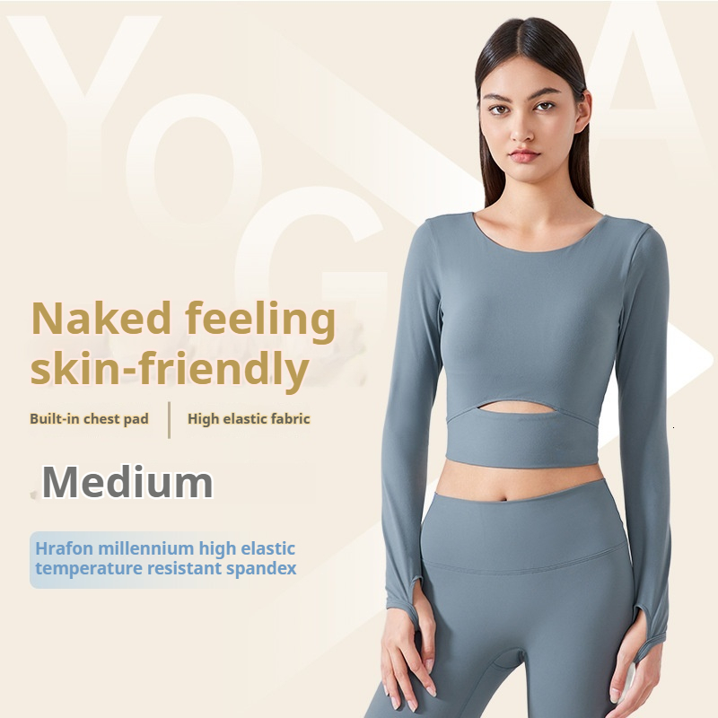 New nude yoga suit long sleeved with chest cushion elastic tight running and fitness top S2032