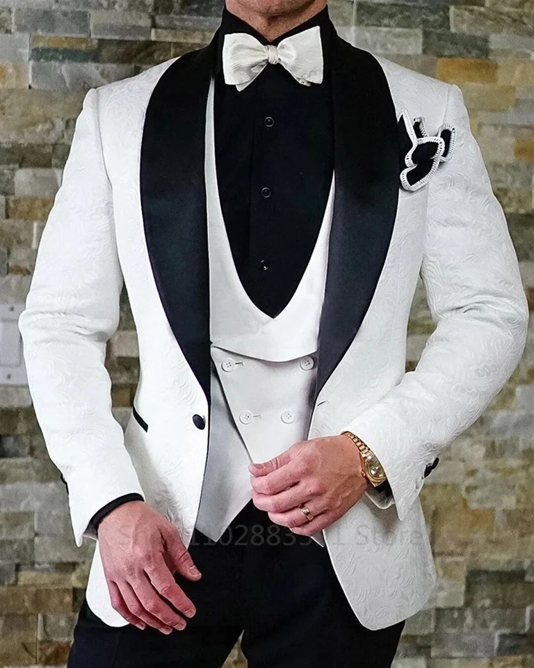 Black jacquard wedding party tailcoat suitable for grooms shawl lapel 3 pieces ultrathin fit mens suit vest 240929