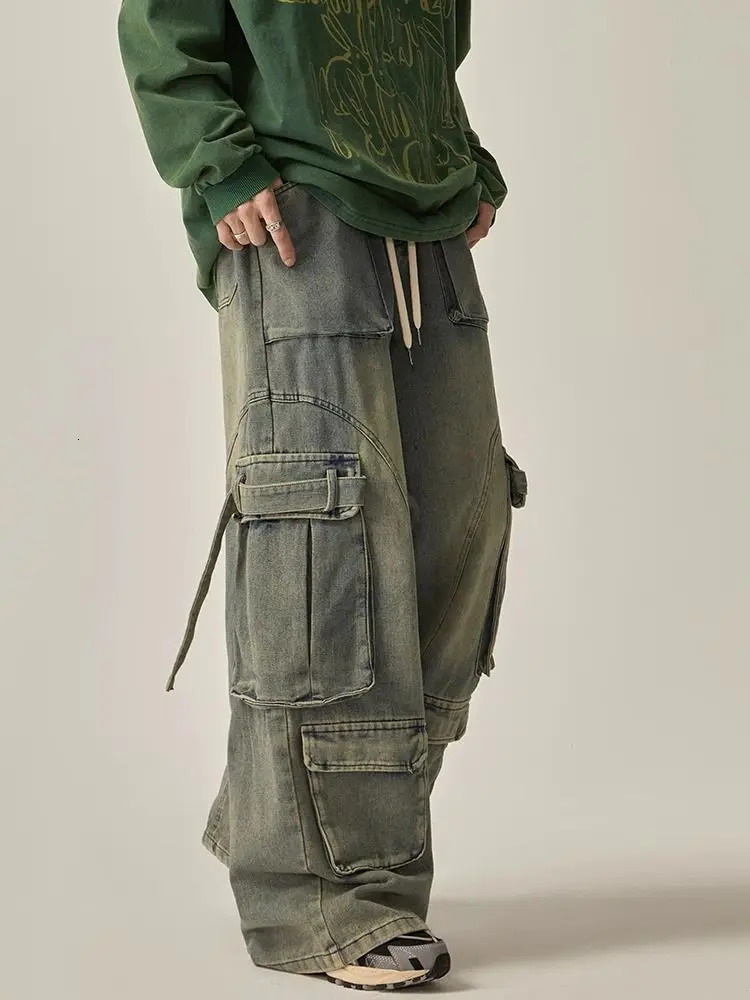 High Street Retro Washable Straight Work Clothes Jeans Pockets Mens and Womens Casual Loose American Pants y2k 240929