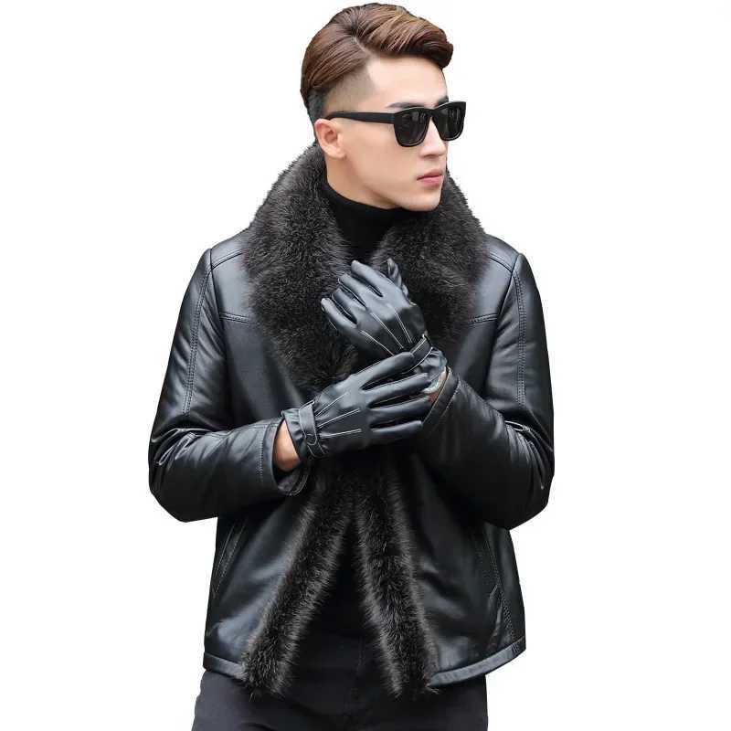Mens genuine leather coat raccoon fur collar fur mens thick leather jacket winter ultra-thin fur coat sheepskin coat cardigan mens W241009