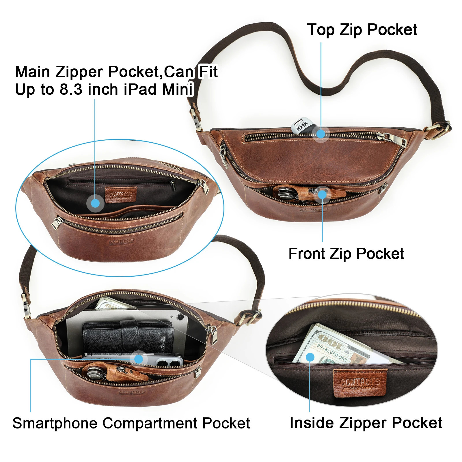 Contact Mens waist bag leather waist bag travel bag Fanny bag mobile phone bag casual cross body chest bag handbag 241008