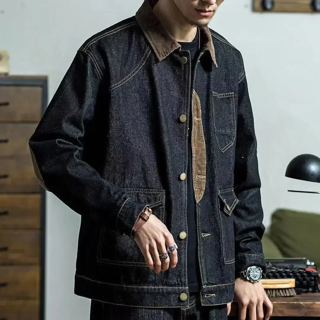 Mens denim jacket black patchwork mens Jean Coats wide sleeves original Korean clothing fabric 241007