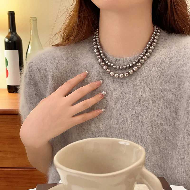 Light Luxury Elegant Niche Design Grey Imitation Pearl Sweater Chain Necklace Fashion Women Metal Jewelry AccessoriesX241009
