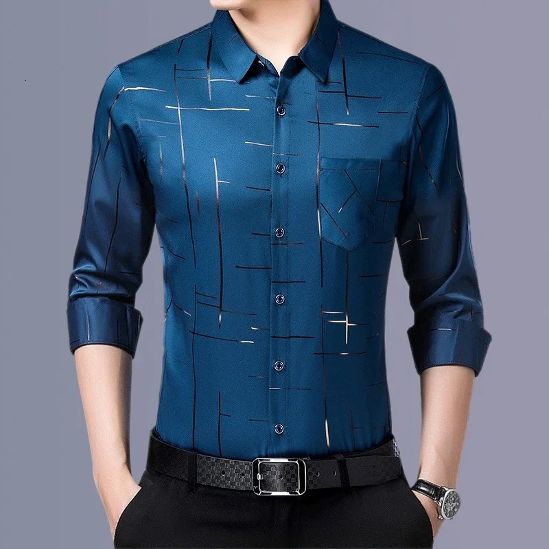 Mens Casual and Fashionable Long Sleeved Printed Shirt Non Ironing and Wrinkle Resistant Business Top 241010