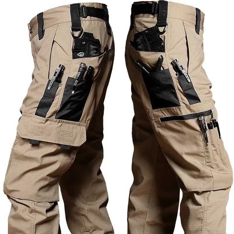 Black camouflage cargo pants outdoor multi pocket tear resistant and waterproof mens autumn wear-resistant training fishing work pants W241009