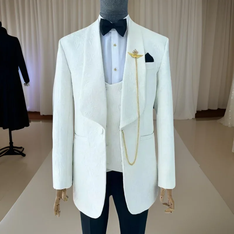 Jacquard Wedding Suits For Men Shawl Lapel Suit Jacket With Waistcoat Pants Custom 3 Pcs Floral Slim Fit Groom Tuxedo 2024