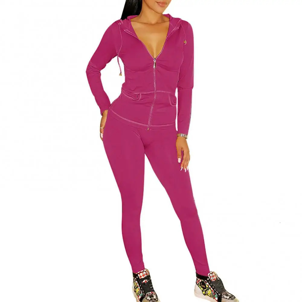 Womens long sleeved hooded pocket jacket tight pants sportswear 241007