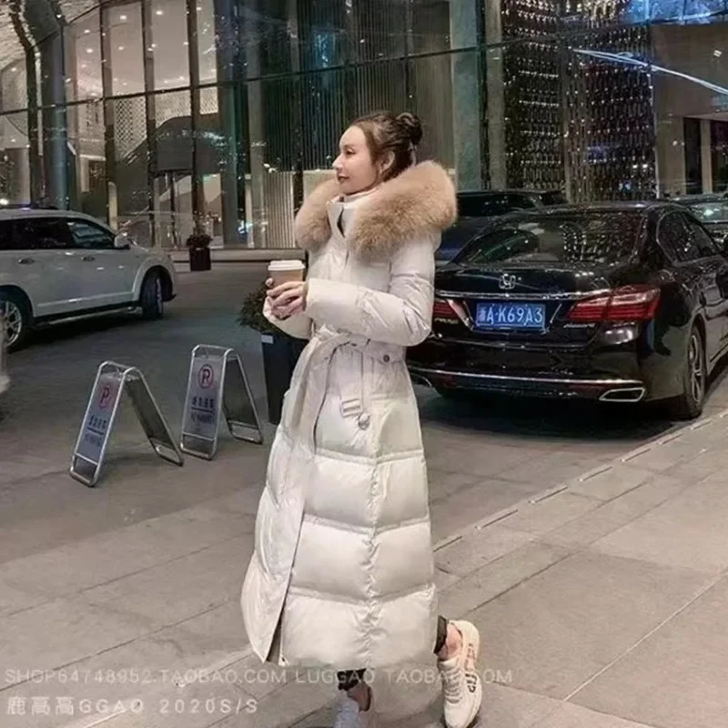 Winter womens thick coat fashionable and luxurious hair collar hooded windproof and warm waist white duck down jacket outerwear 241007