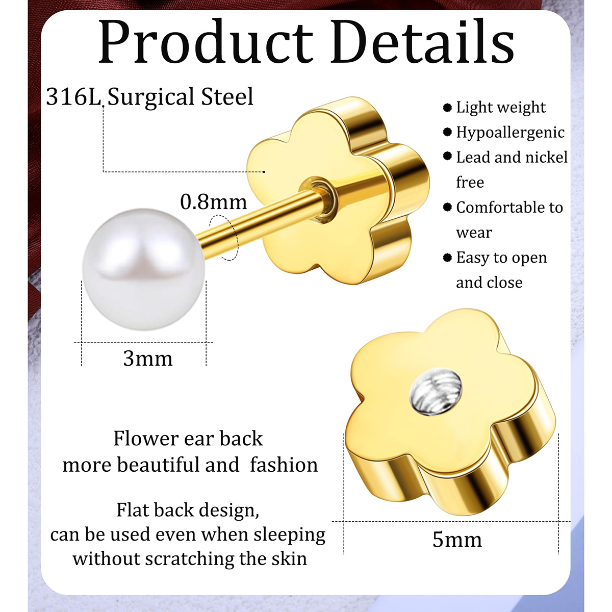 TUPMI Flat Back Pearl Stud Earrings for Women Girls Stainless Steel Small Pearl Cartilage Earrings Hypoallergenic Pearl for Sensitive Skin Helix Pierc